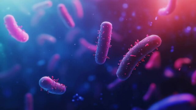 Microscopic view of various bacteria floating in a vibrant, colorful solution.