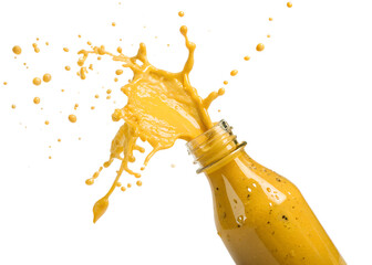 Mustard Sauce Splash from Glass Bottle on White Background  