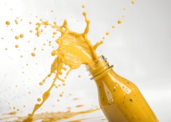 Mustard Sauce Splash from Glass Bottle on White Background  