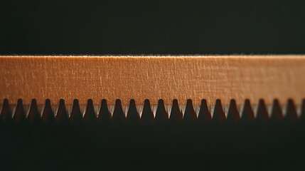 Close-up of a Wood Saw: Sharp, precise teeth ready for cutting, capturing the essence of woodworking and craftsmanship against a dark background.