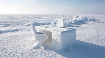 Frozen Office Workspace Amidst a Snowy Deserted Landscape Under Clear Skies