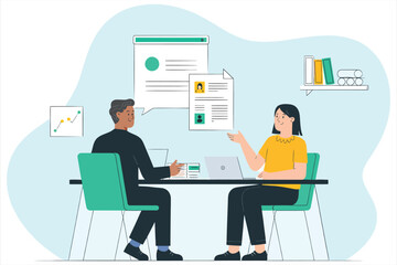 Vector Illustration of Job Interview Meeting Between Two Professionals/A friendly, professional illustration of a job interview scene...