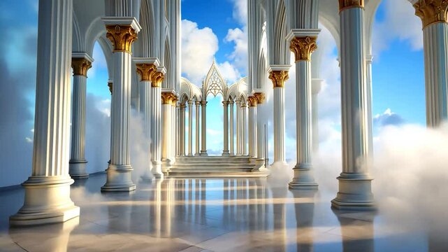 White columns lead to sky, clouds. Reflections on floor. Airy, light filled