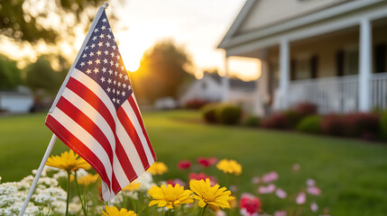 American flag in a flowerbed, symbolizing patriotism and home. Bright sunlight adds warmth to the scene in front of a traditional house. Celebration and pride.