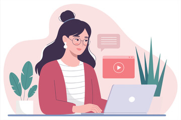 Vector of Woman watching online video on laptop, focused and engaged/A stylized illustration of a woman watching a video on a laptop..