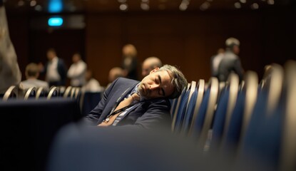Tired businessman asleep in conference hall during meeting.