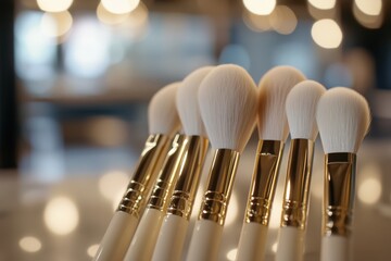Makeup brushes with soft bristles displayed on a white tabletop, surrounded by a variety of professional makeup tools like knife, spoon, and scissors.