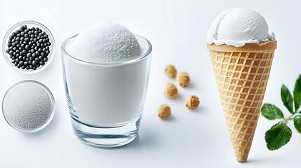 Ice cream cone with various toppings. Candies, powder and plant sprig on a white background