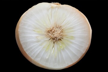 A fresh, halved white onion is displayed against a stark, black background, showcasing its layers.