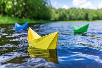 Three colorful paper boats float on a calm river, surrounded by lush green trees under a bright summer sky.