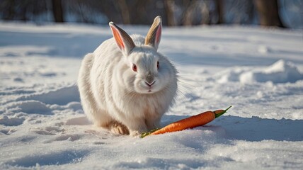 The white rabbit holds a carrot and looks back and leaves footprints in the snow.