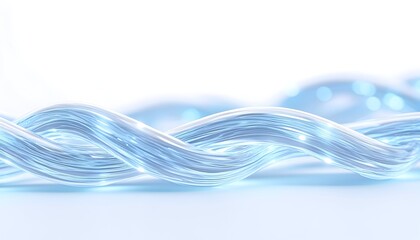 Intertwined translucent blue strands, glowing softly against a bright background, creating a flowing, wavy pattern
