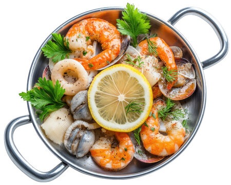 Fresh seafood medley in pan garnished with lemon, showcasing vibrant mix of shrimp, clams, and herbs, perfect for delightful culinary experience