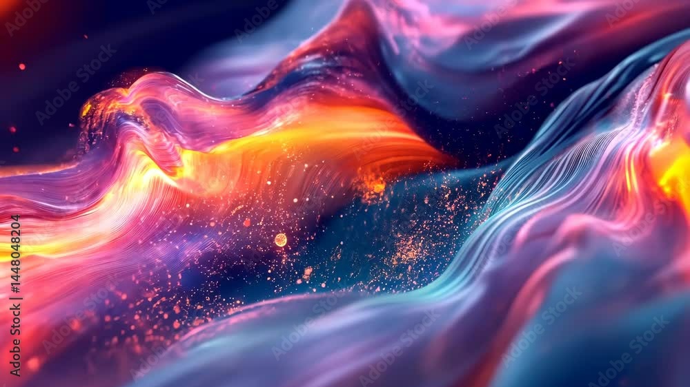 Poster flowing abstract waves of vibrant colors and light particles in motion