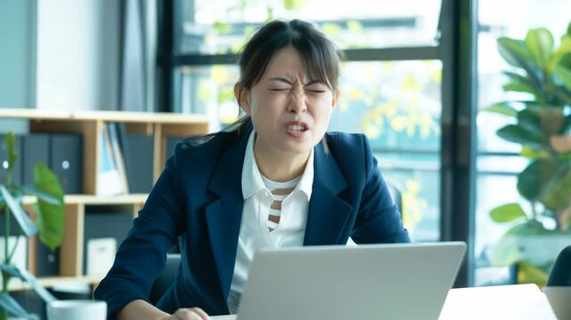 ノートパソコンに怒りをぶつける日本人女性会社員