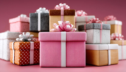 Obraz premium A collection of decorative gift boxes in various colors including pink and red, all adorned with bows.