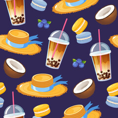 Cartoon colorful summer pattern with beach hat, colorful macaron, blueberry, coconut, cold bubble tea isolated on purple background.	