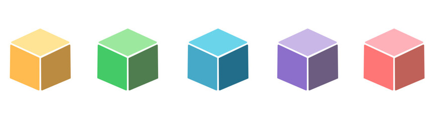 The cubes are arranged horizontally, with colors ranging from yellow, green, blue, purple, to pink.