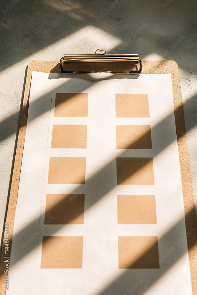 Poster clipboard with paper squares, bathed in sunlight. the composition highlights a geometric pattern and