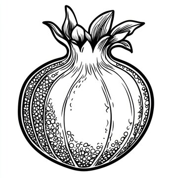 recommend clip art: Detailed line art drawing of a pomegranate.