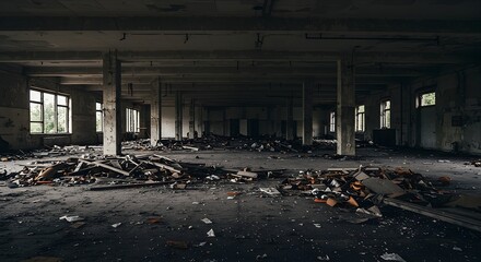 Abandoned Industrial Building Interior with Debris and Natural Light