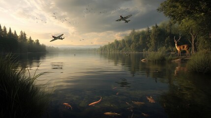Flying planes and deer by serene lake nature scene tranquil view