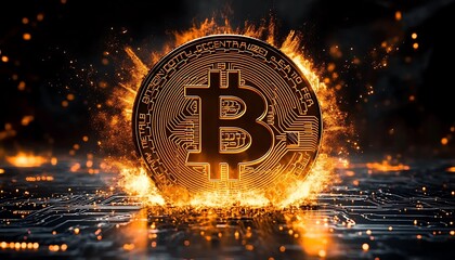 Gold Bitcoin Symbol with Circuit Board Design and Fiery Flames on Dark Background