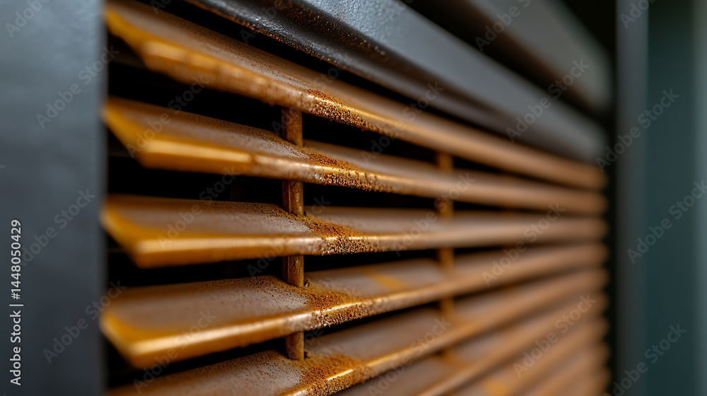 Poster close-up of horizontal blinds with a brown hue, casting shadows. abstract view of interior design el
