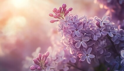 Lilac flowers with purple/white blossoms under warm sunlight.