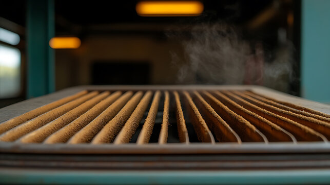Heated industrial grill with rising vapor, creating a warm, textured surface in an industrial or food processing setting. Focused on heat & texture.
