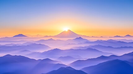 Serene sunrise over a majestic mountain range, bathed in soft purple and orange hues, with a sea of clouds below