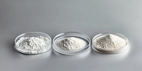 Three petri-dishes with white powders on a gray background.