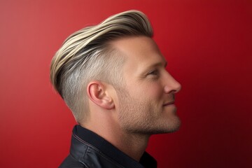 Fototapeta premium Layout of style for aging men. Fashionable men's slick back with fade haircut - midlife white man with hair. A strong and graceful male displaying confidence. Red solid background.