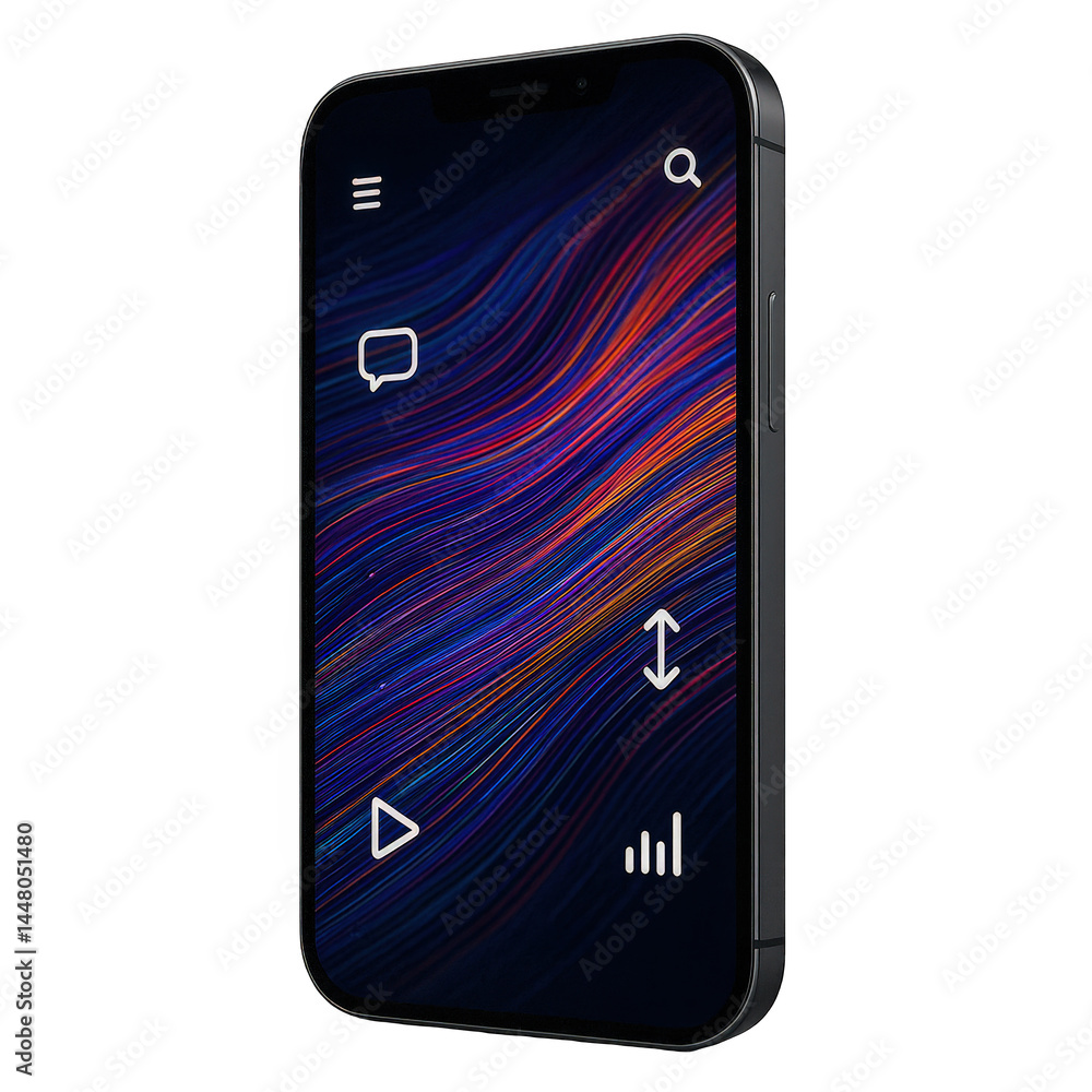 Poster modern smartphone showcasing a stunning dynamic line wave background and essential white user interf