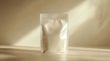 A minimalist white stand-up pouch bag is displayed on a neutral background under soft lighting.