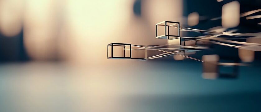 Interconnected network of wireframe cubes in a blurry background