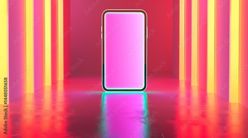Poster modern smartphone with vibrant neon lighting in colorful futuristic environment with reflective surf