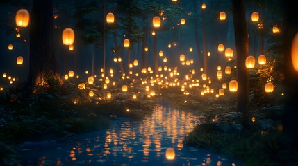 Obraz premium Enchanted Forest Path: A magical pathway winds through a mystical forest at night, illuminated by hundreds of floating lanterns casting a warm, ethereal glow on the tranquil stream.