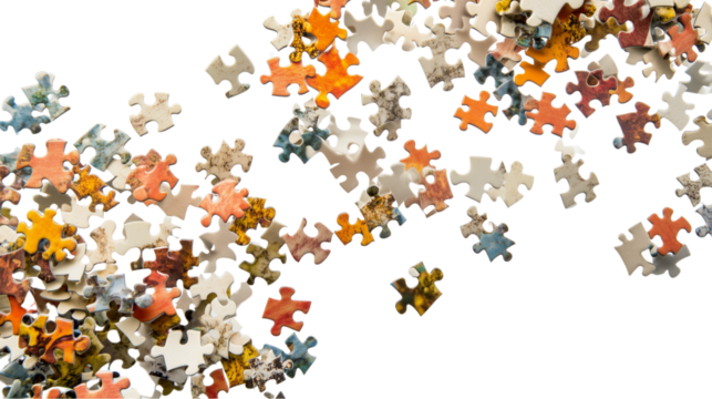 Multiple puzzle pieces floating on mismatched datasets, on a transparent backgrounds