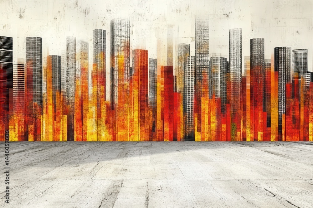 Poster abstract urban skyline with fiery colors and textures, creating a dynamic backdrop for creative proj