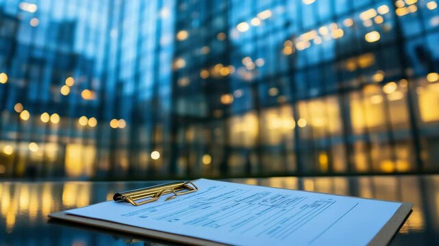A clipboard rests on a reflective surface in front of a modern glass building. The background of the image features bokeh effect from lights