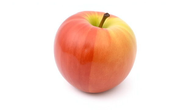 A single, red apple with a light yellow undertone sits on a white background.