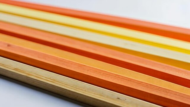 Brightly colored wooden sticks arranged in parallel creating a vibrant gradient pattern