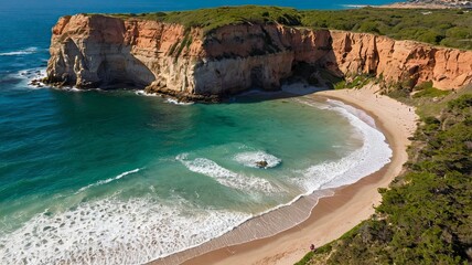 View of the beach and cliffs seen from above