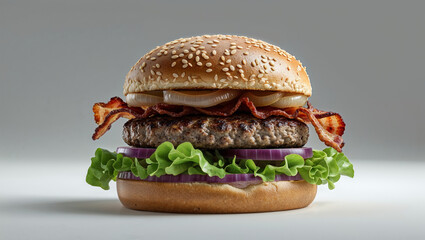 A mouthwatering burger layered with crisp lettuce, fresh tomato, and a juicy patty, creating an irresistible and hearty fast-food delight.