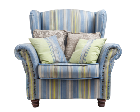 Cozy armchair with striped blue fabric, featuring decorative pillows in green and patterned designs, isolated on transparency background, perfect for adding comfort to any living space - Powered by Adobe