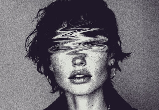 Black And White Distorted Portrait Noise Image Effect - AI Generated Photos