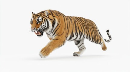 Obraz premium A majestic tiger in motion, captured mid-stride against a clean white background.