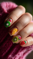 Vibrant fruit-themed nail art captured in a lush, sunny setting during a cozy afternoon gathering