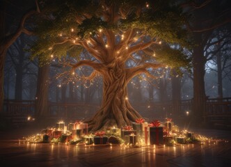 Obraz premium Glowing lights, lavish gifts around a majestic tree Rich textures, joyful scene , cheerful, presents, beautiful